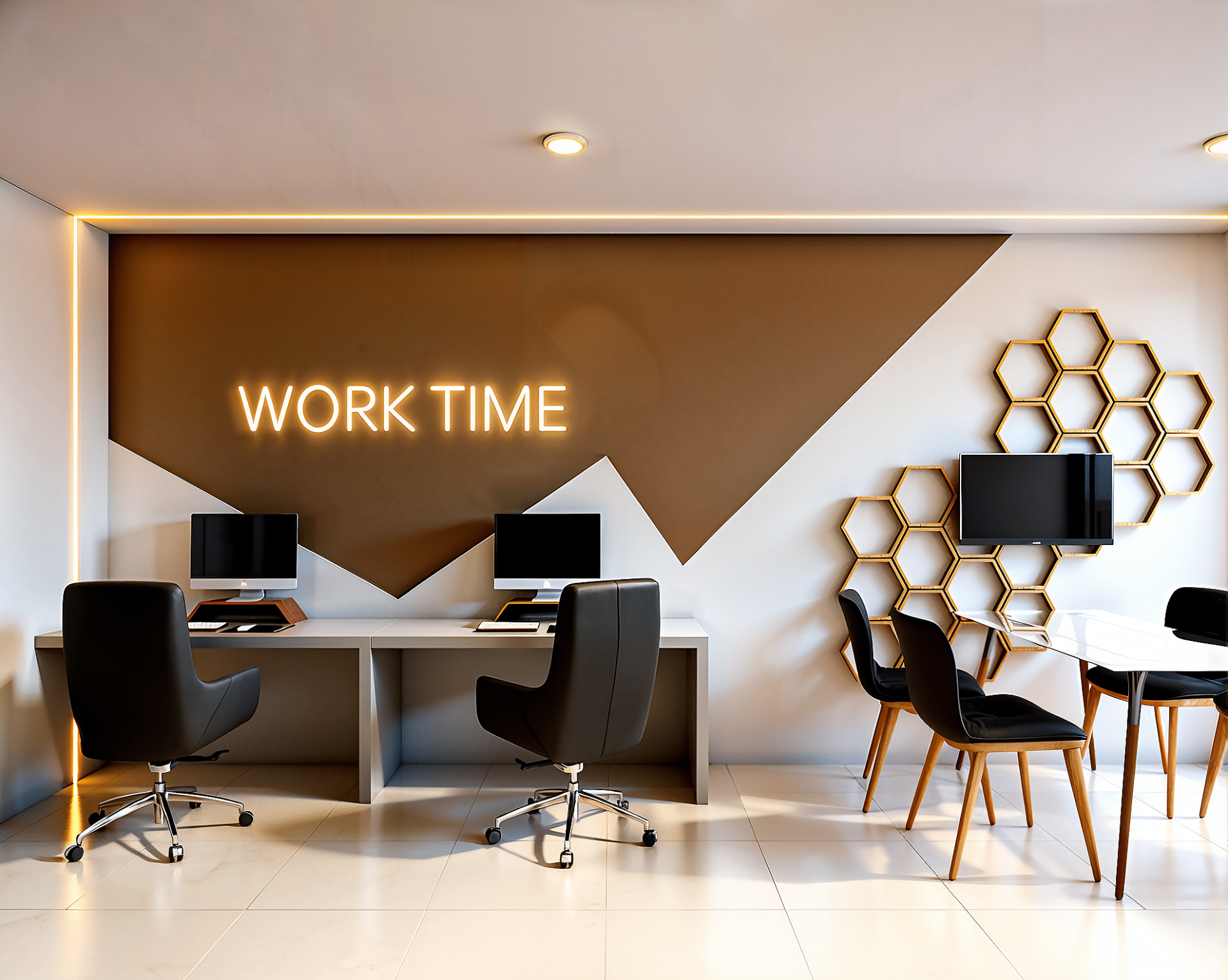 Espaço coworking com estações de trabalho e iluminação indireta